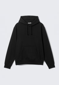 Black hooded sweatshirt made of cotton blend. Features a kangaroo pocket, drawstrings, and ribbed cuffs with a relaxed fit design.