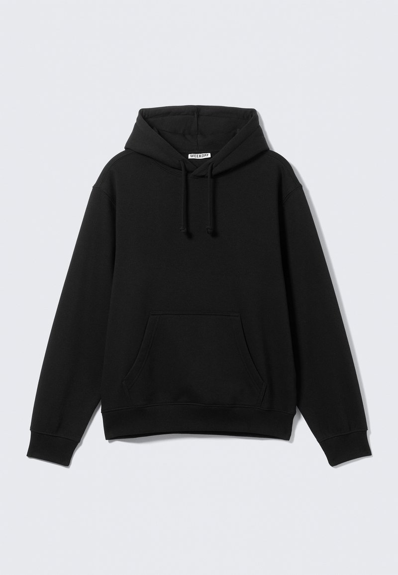 Black hooded sweatshirt made of cotton blend. Features a kangaroo pocket, drawstrings, and ribbed cuffs with a relaxed fit design.