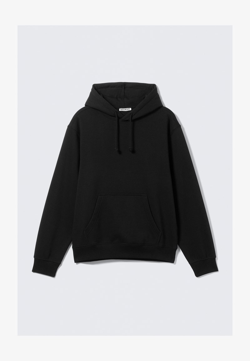 Black hooded sweatshirt made of cotton blend. Features a kangaroo pocket, drawstrings, and ribbed cuffs with a relaxed fit design.