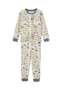 Children's long-sleeve pajamas with a city street map pattern featuring roads, buildings, vehicles, trees, and traffic signs on cream fabric.