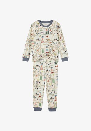 Kinder Langarm-Pyjamas mit einem Muster einer Stadtstraße, das Straßen, Gebäude, Fahrzeuge, Bäume und Verkehrsschilder auf cremefarbigem Stoff zeigt.