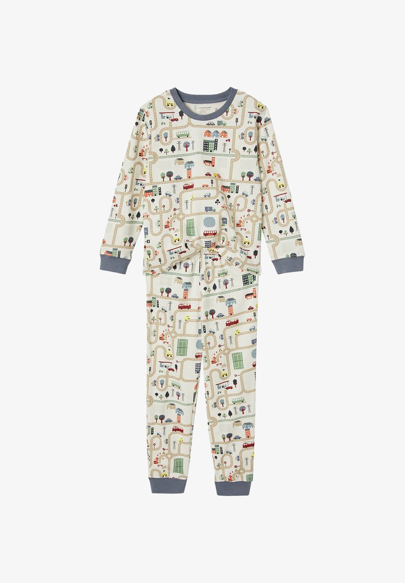 Children's long-sleeve pajamas with a city street map pattern featuring roads, buildings, vehicles, trees, and traffic signs on cream fabric.