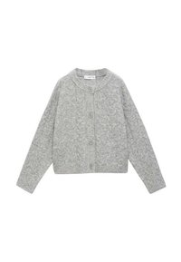 Šedý pletený cardigan s kablovým vzorem, kulatým výstřihem a čtyřmi knoflíky vpředu. Dlouhé rukávy a žebrované manžety a lem.