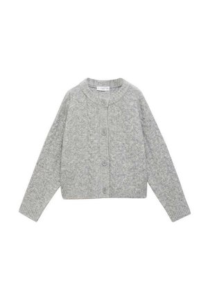 Cardigan en tricot gris avec un motif en torsades, encolure ronde et quatre boutons sur le devant. Manches longues et poignets et ourlet côtelés.