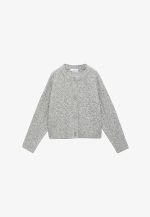 Cardigan en tricot gris avec un motif en torsades, encolure ronde et quatre boutons sur le devant. Manches longues et poignets et ourlet côtelés.