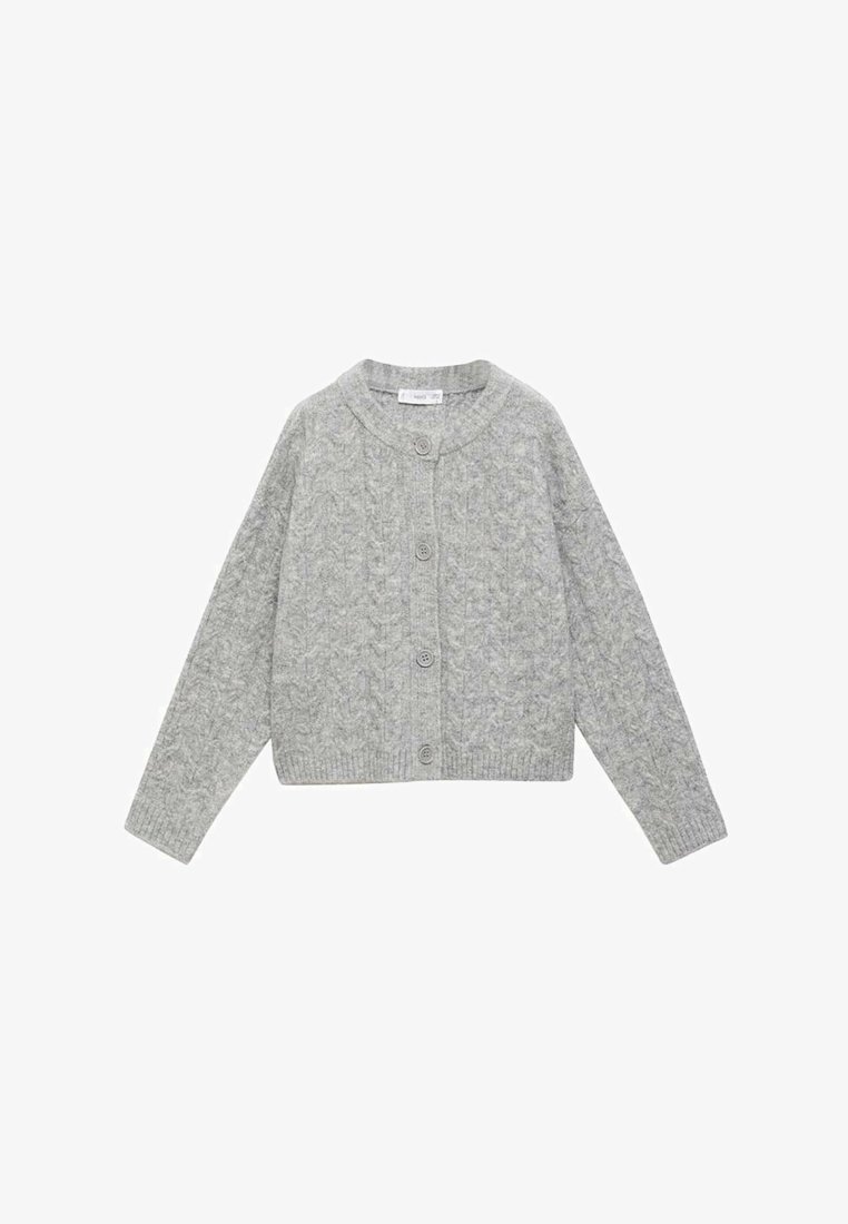 Gray knitted cardigan with a cable pattern, round neckline, and four buttons down the front. Long sleeves and ribbed cuffs and hem.