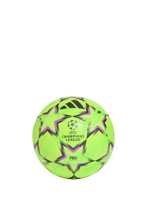 Jasnozielona piłka nożna Adidas UEFA Champions League Pro z fioletowymi wzorami gwiazdek na białym tle.