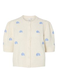 Crème cardigan met korte poffende mouwen, voorzien van blauw geborduurde rozenpatronen en een knoopsluiting aan de voorkant. Zachte textuur.