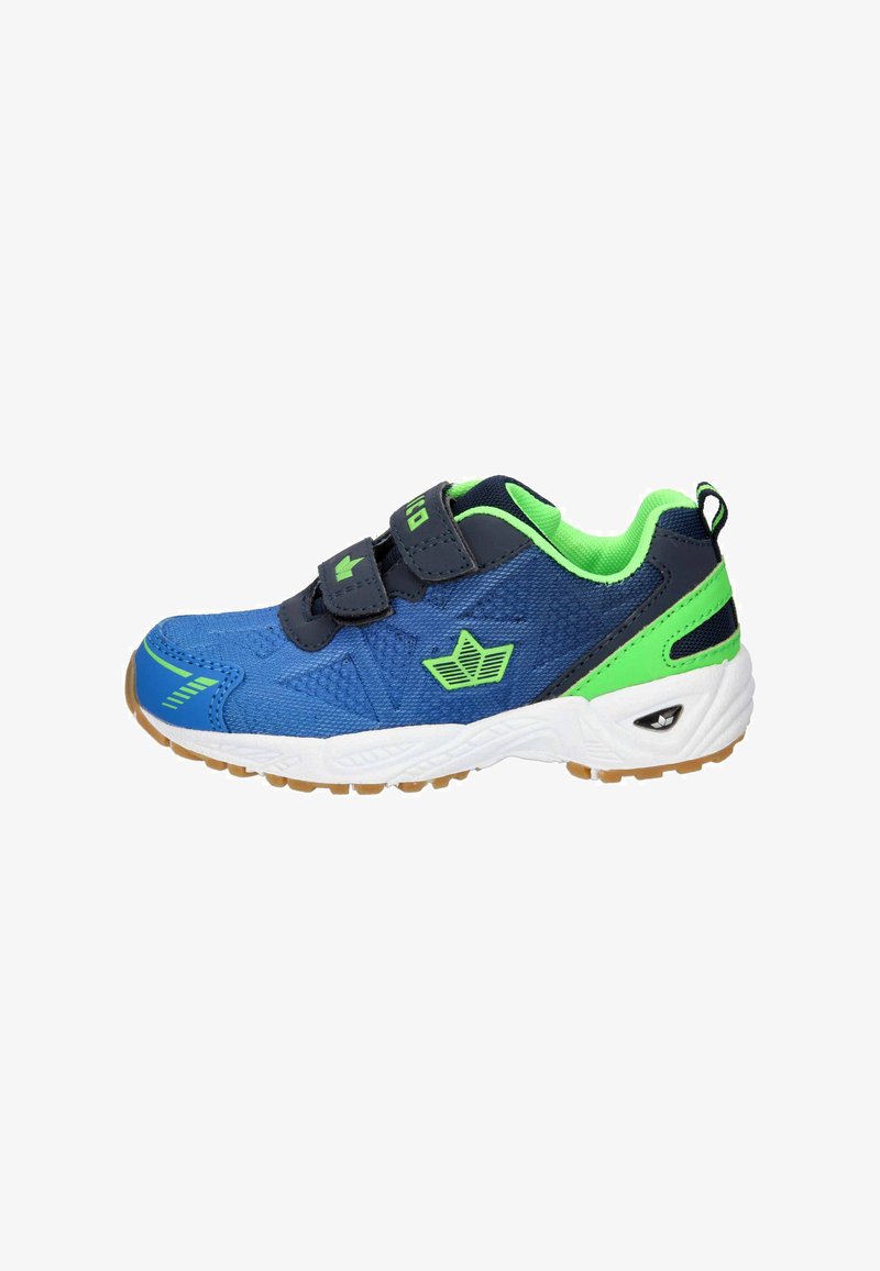 Blue athletic shoe with green accents, textile upper, two black Velcro straps, white midsole, and patterned rubber outsole.