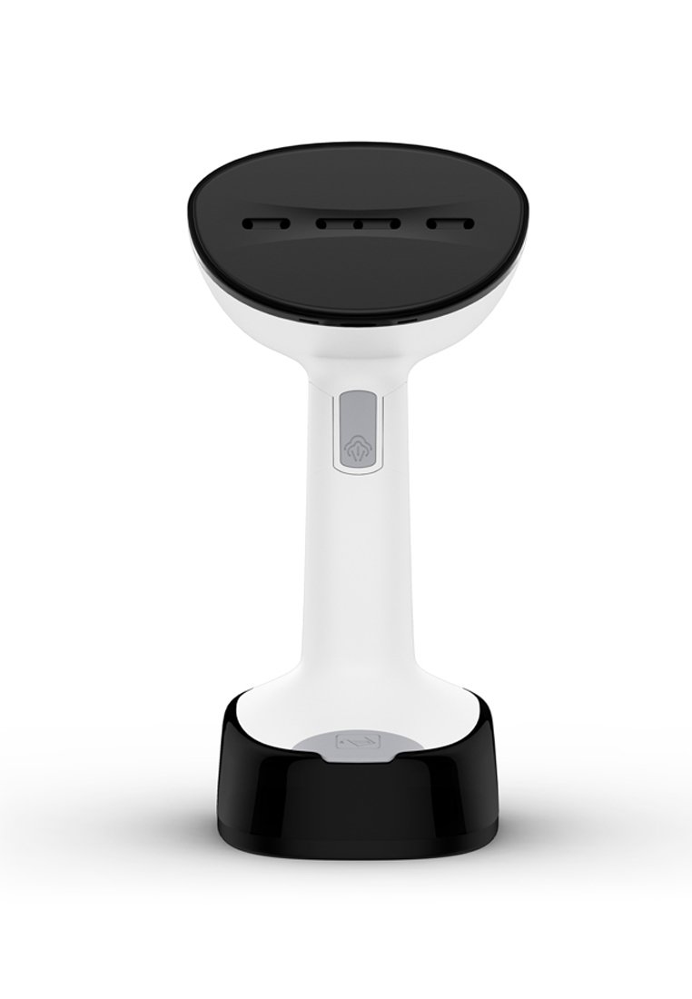 Draagbare kledingstomer met een witte behuizing en een zwarte bovenkant. Beschikt over een ontwerp met drie sleuven en een centrale aan/uit-knop met een zilveren accent.