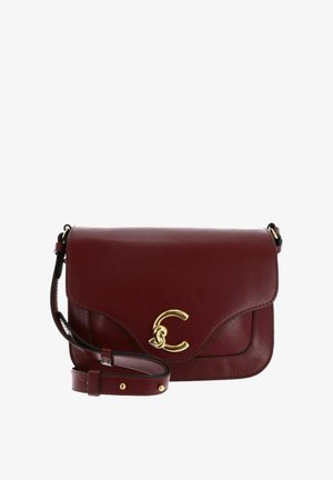 Borsa a tracolla in pelle bordeaux con chiusura e dettagli in oro. Presenta una chiusura a patta e una tracolla regolabile per versatilità.