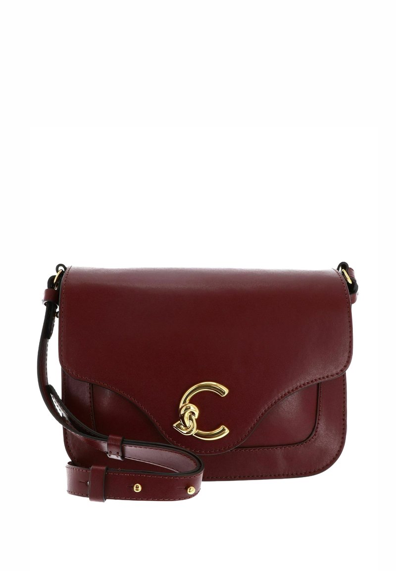 Borsa a tracolla in pelle bordeaux con chiusura e dettagli in oro. Presenta una chiusura a patta e una tracolla regolabile per versatilità.