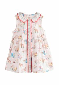 Abito senza maniche in tessuto rosa chiaro con una stampa animale che presenta cavalli. Include un colletto decorativo con dettagli rossi e bottoni.