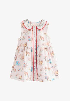 Abito senza maniche in tessuto rosa chiaro con una stampa animale che presenta cavalli. Include un colletto decorativo con dettagli rossi e bottoni.