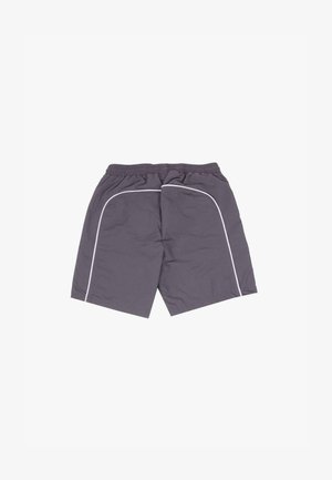 Sive kratke hlače za šport z teksturirano površino, z belim obrobjem ob straneh in elastičnim pasom za prilagodljivo prileganje.