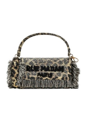 Borsa con stampa leopardata e dettagli in frange, scritta nera "RUE MADAM PARIS" e manico corto decorato con chiusura color oro.