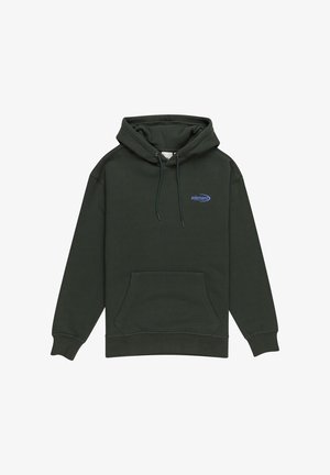 Donkergroene pullover hoodie met een trekkoordcapuchon, een voorste kangaroozak en een blauw logo op de borst. Gemaakt van zacht katoen.