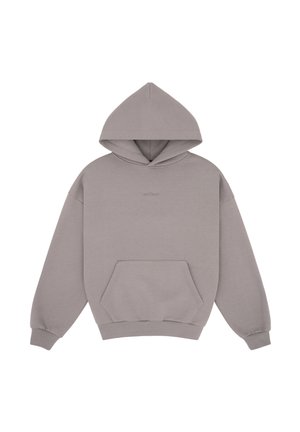 Lysegrå hættetrøje med forlommer foran og lange ærmer, lagt fladt mod en hvid baggrund.