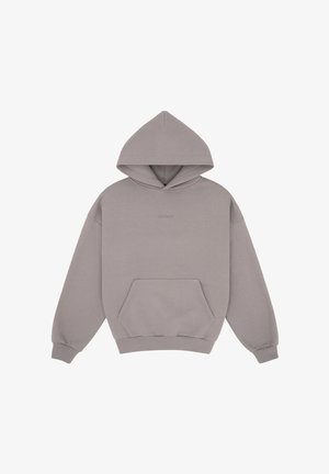 Sweat-shirt à capuche gris clair avec poche kangourou à l'avant et manches longues, posé à plat sur un fond blanc.
