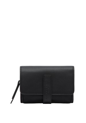 Black leather wallet with a smooth texture, fold-over design, and a debossed logo. Features a strap closure and a side zipper.