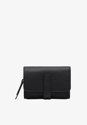 Black leather wallet with a smooth texture, fold-over design, and a debossed logo. Features a strap closure and a side zipper.