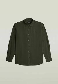 Dunkelgrünes, langärmeliges Hemd mit Knöpfen, spitzem Kragen und kleinem Logo auf der linken Brust, flach auf hellem Hintergrund präsentiert.