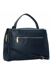 Borsa a mano in pelle blu navy con una forma strutturata, dotata di manico superiore, tracolla rimovibile e tasca frontale con zip e hardware dorato.