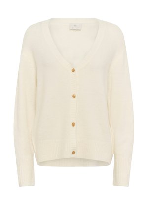 Cardigan écru avec un col en V, cinq boutons en bois, des poignets et un ourlet côtelés, fabriqué à partir d'un tissu doux et texturé.