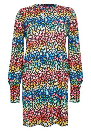 Multicolored long-sleeve dress featuring a vibrant speckled pattern on a black background. Soft fabric with a relaxed fit and round neckline.