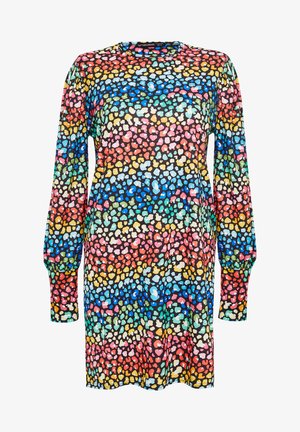 Mehrfarbiges Langarmkleid mit einem lebhaften gesprenkelten Muster auf schwarzem Hintergrund. Weicher Stoff mit lockerem Schnitt und rundem Ausschnitt.