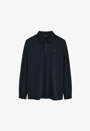 Schwarzes, langärmeliges Poloshirt mit drei Knöpfen, Kragen und kleinem roten, gesticktem Polo-Spieler-Logo auf der linken Brust.