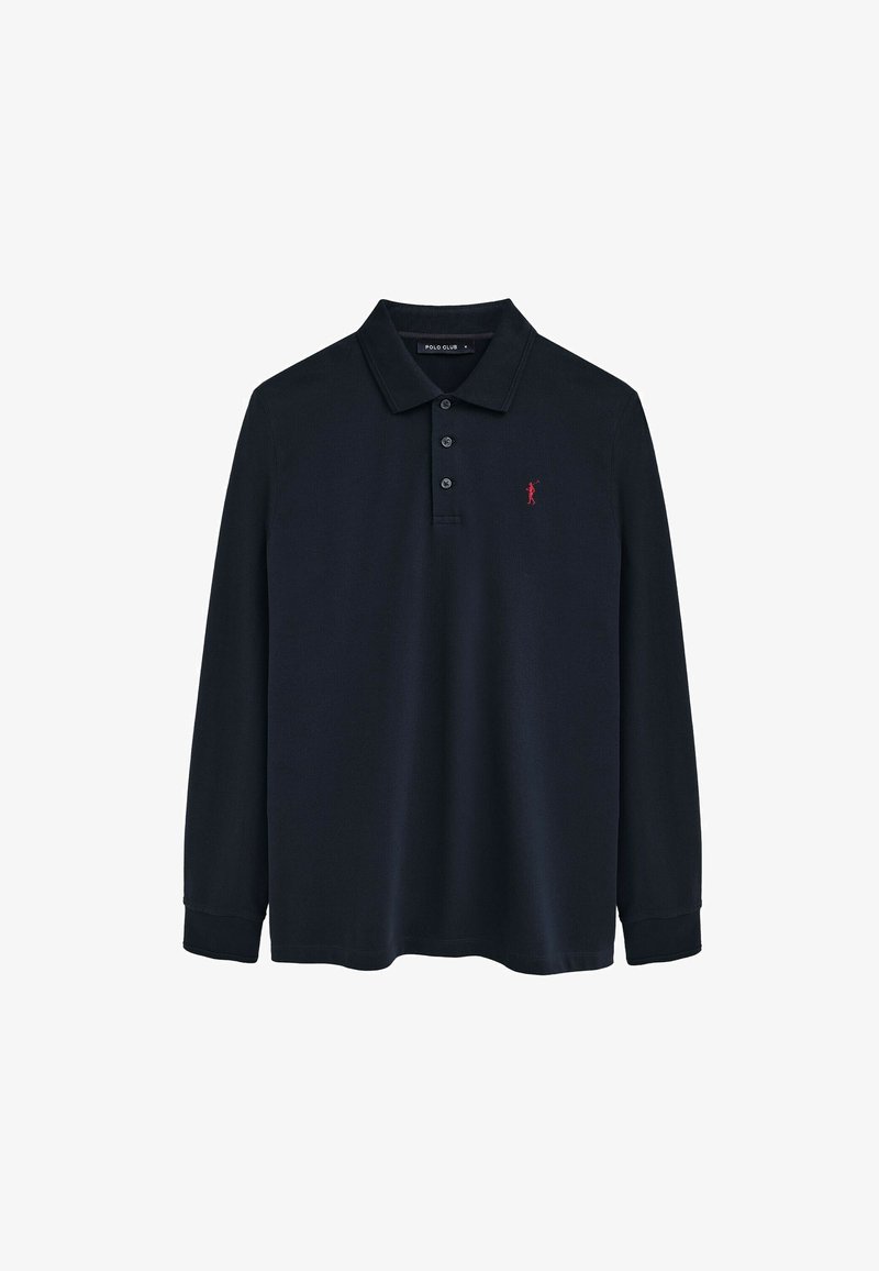 Polo nera a maniche lunghe con tre bottoni, colletto e piccolo logo ricamato di un giocatore di polo rosso sul petto a sinistra.