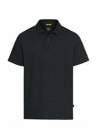 Sort kortærmet polo shirt med tekstureret stof, knapkrave og syede detaljer. Enkel, klassisk design med lige kant.