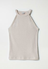 Top sin mangas ajustado en beige claro, hecho de tela acanalada con un sutil brillo. Presenta bordes festoneados en los hombros y el escote.