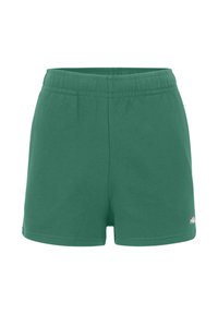 Pantaloni sportivi in cotone verde con elastico in vita, dotati di un piccolo logo sul lato destro inferiore e una texture liscia e uniforme.