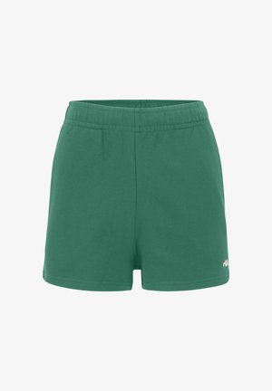 Vihreät puuvillaiset urheilushortsit, joissa on joustava vyötärö, pienellä logolla alhaalla oikealla puolella ja sileä, tasainen pinta.