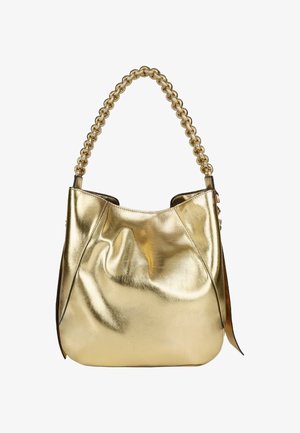 Zlatá metalická kožená kabelka hobo s reťazovou rúčkou, s uvoľneným tvarom a hladkou textúrou. Žiadne viditeľné kovové detaily.