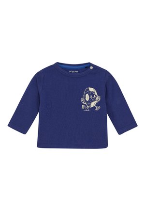 Marineblauwe baby longslavenshirt met een lachende wandelende koekjesafbeelding die vredessymbolen laat zien op de borst.
