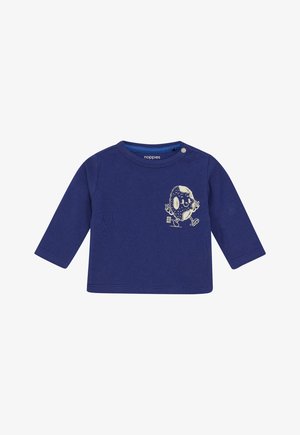 Camiseta de bebé de manga larga azul marino con un gráfico de una galleta sonriente caminando que muestra signos de paz en el pecho.