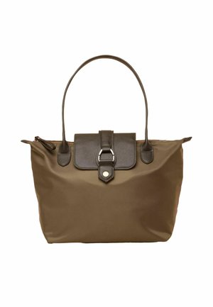 Borsa marrone con manici lunghi, patta frontale chiusa da una fibbia e chiusura superiore con cerniera.