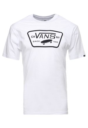 White cotton T-shirt featuring a black graphic logo with "VANS" and a skateboard design, along with "SINCE 1966" text below. Short sleeves.