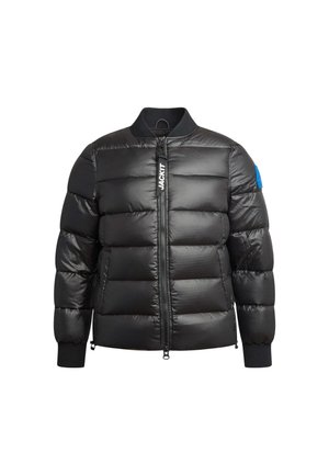 Schwarze Steppjacke mit Reißverschluss vorne und gerippten Bündchen. Mit einem Logo-Anhänger am Reißverschluss und einem blauen Akzent am Ärmel. Aus synthetischem Material.