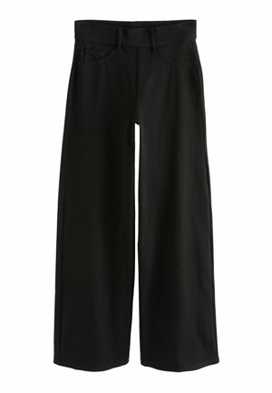 Pantalon noir à jambes larges avec passants de ceinture et poches avant, posé à plat sur fond blanc.
