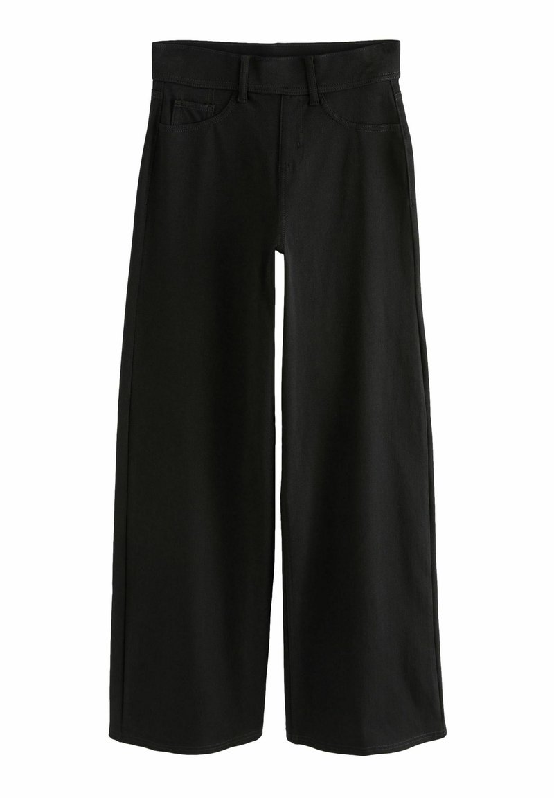 Pantalon noir à jambes larges avec passants de ceinture et poches avant, posé à plat sur fond blanc.