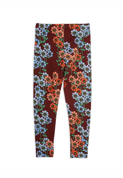 Blomstrete tights i mørk maroon, med blå, oransje og grønne blomster arrangert i et gjentakende mønster; lett, elastisk stoff.