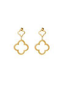 Gold-tone metal earrings featuring a floral clover design with cut-out centers, attached by a small matching clover stud.