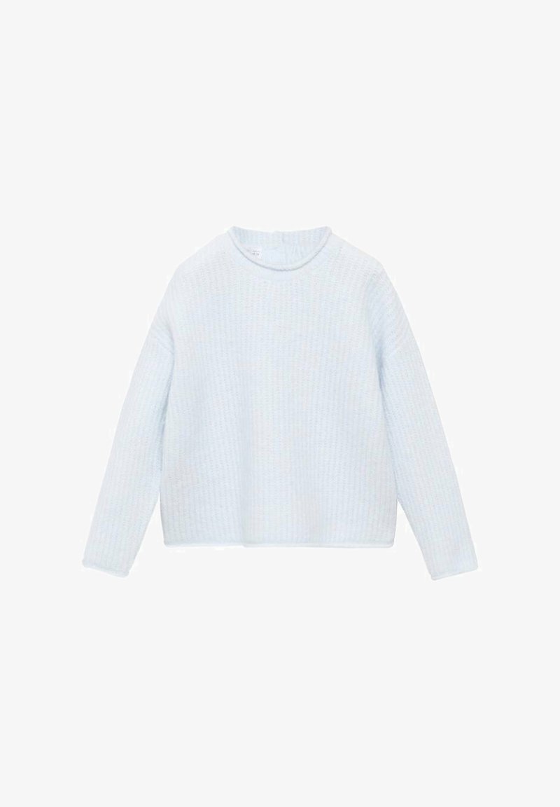 Svetlo modri pleteni pulover z dolgimi rokavi, okroglo izrezan in teksturirano vzorčast. Rob je ravno obrežen, kar zagotavlja sproščen fit.