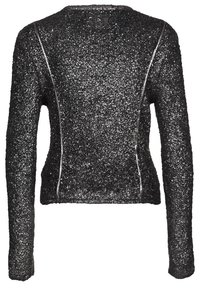 Czarna błyszcząca kurtka z długimi rękawami, teksturowaną tkaniną i srebrnymi zamkami wzdłuż szwów. Dopasowany fason z okrągłym dekoltem.