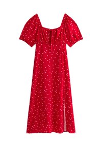 Rotes Kleid mit kurzen Puffärmeln, quadratischem Ausschnitt und tailliertem Oberteil. Mit weißen Punkten und einem seitlichen Schlitz für besseren Bewegungsfreiheit.