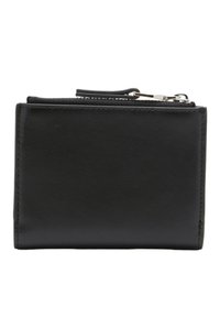 Portafoglio in pelle nera con superficie texture, forma rettangolare, chiusura con zip e una piccola linguetta per facilitarne l'apertura.